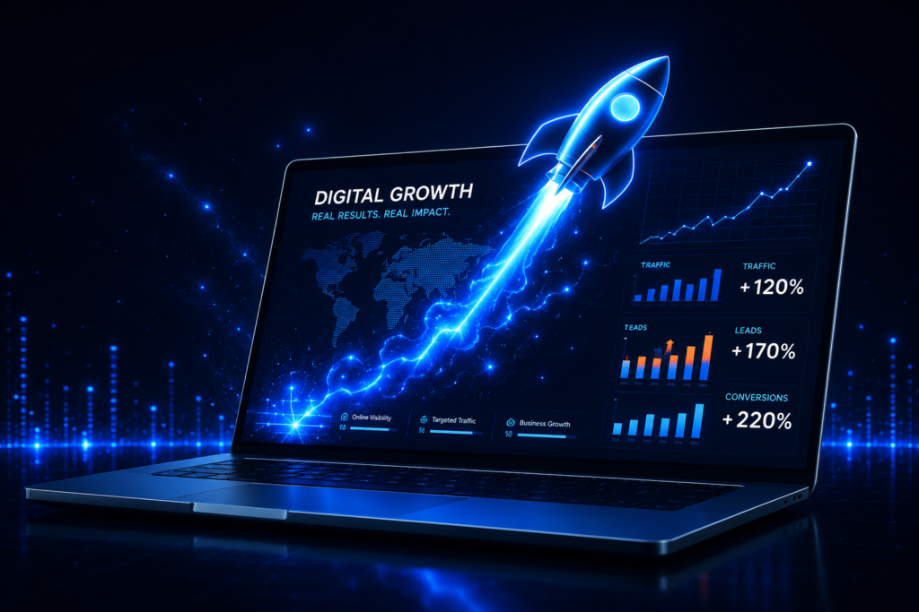 3d flying neon rocket launching from laptop screen representing exponential digital growth and seo ranking